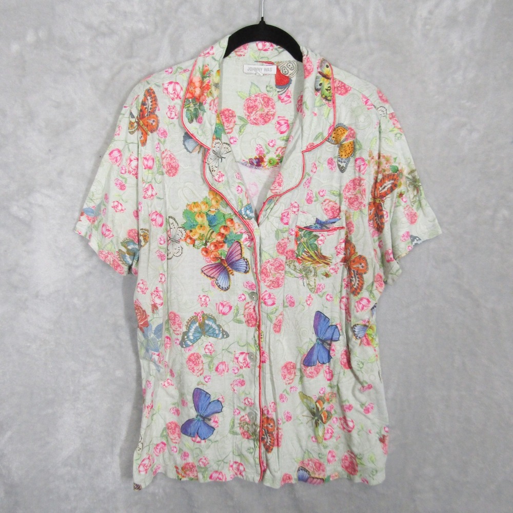 Johnny Was Women's L Button Down Sleep Shirt Butterfly Floral Relaxed
